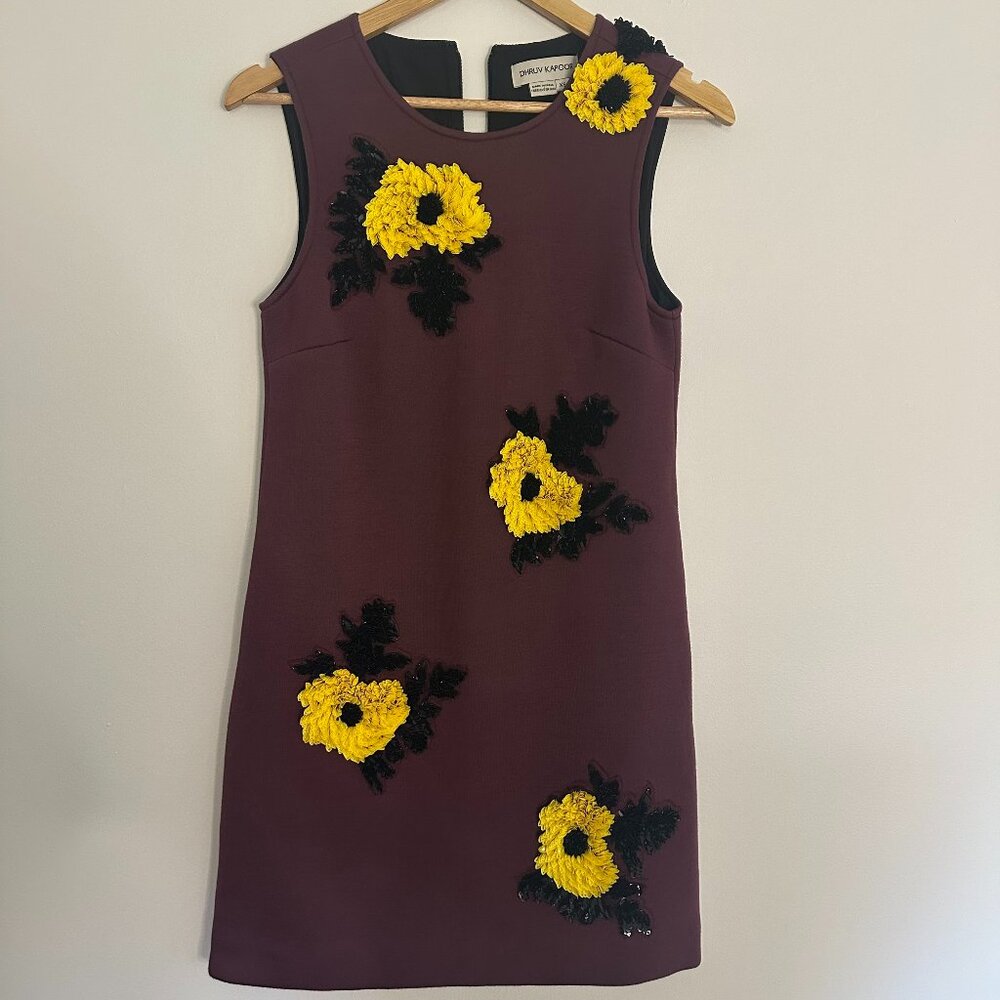 Women’s Burgundy Floral Mini Dress with Yellow Appliqué - Picture 2 of 9